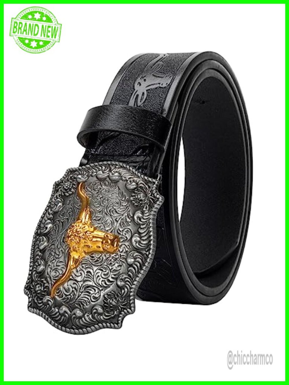 Western Cowboy PU Leather Belt Floral Longhorn Buckle Adjustable